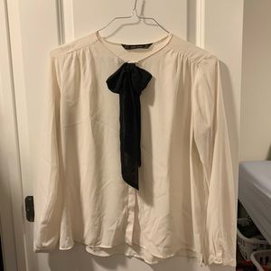 (M) Zara Basic Cream Blouse with Black Bow